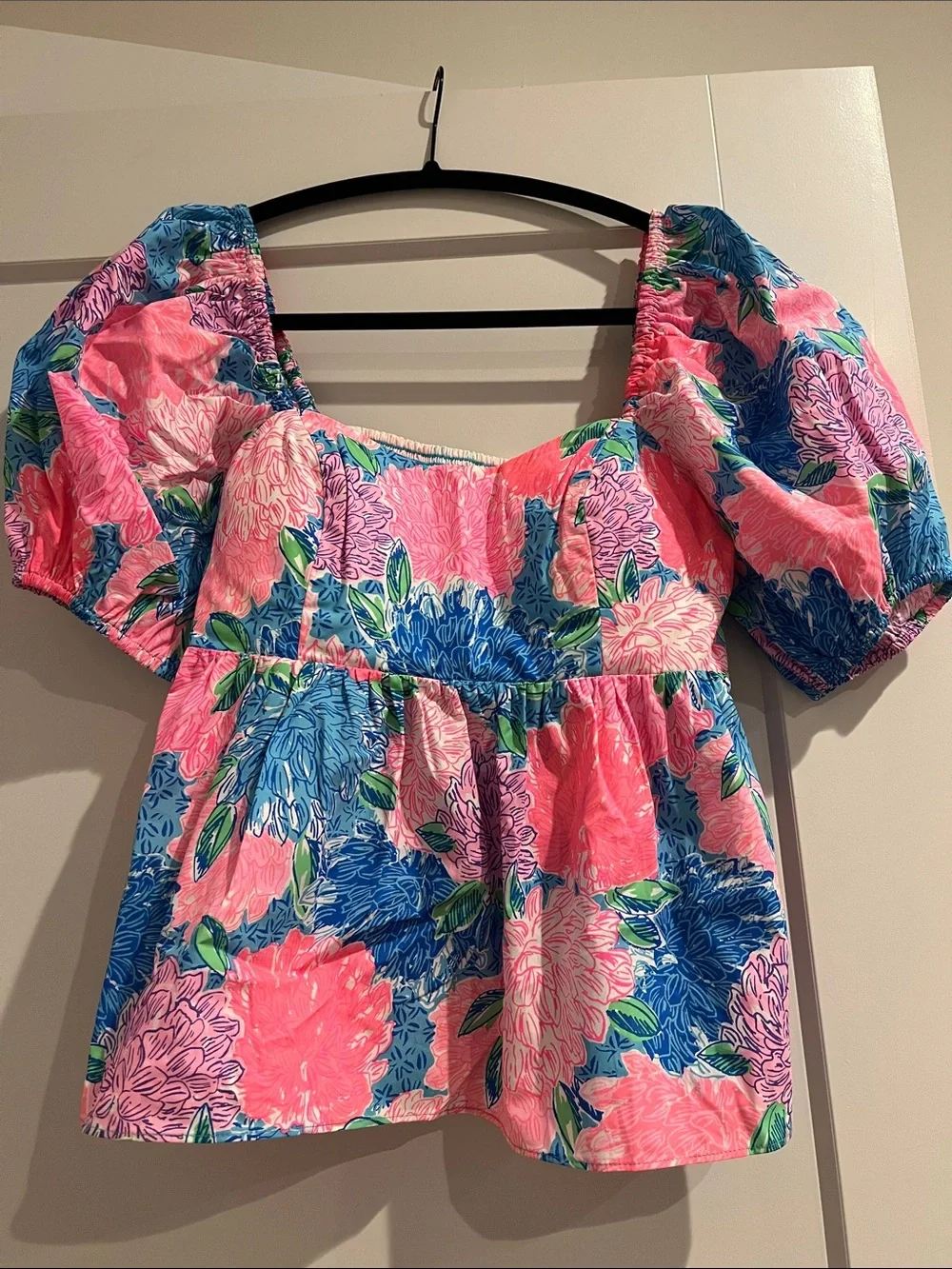 Lilly Pulitzer Pink and Blue Floral Puff-Sleeve Blouse